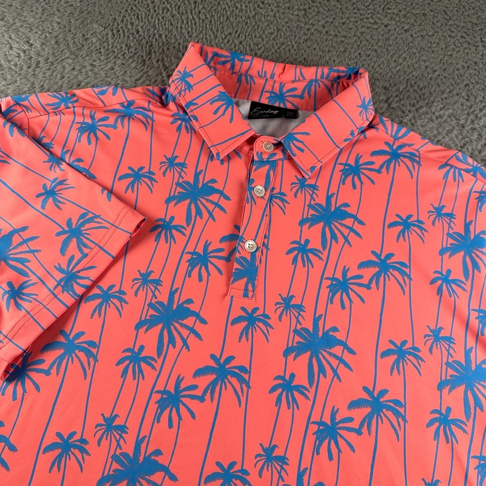 Sunday Swagger Polo Mens 2XL Coral Blue Palm Tree Performance Shirt‎ Flaw
